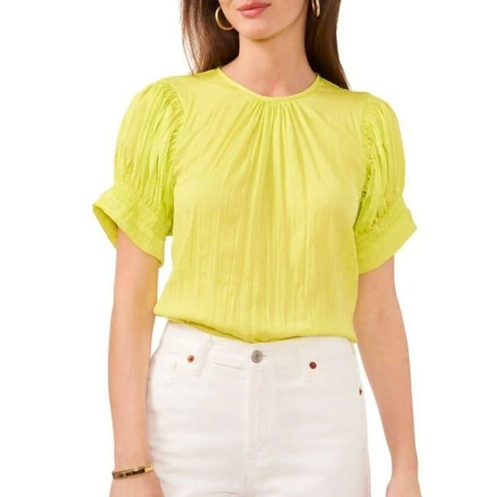 NWT VINCE CAMUTO Afterglow Shirred Neck Satin Blouse in Island Lime Sz S Bright